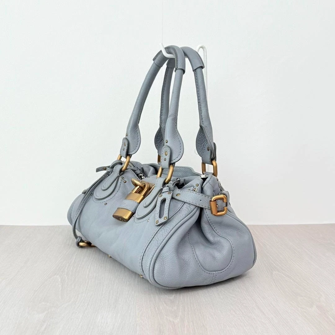 Chloe Paddington Handbag Tote Bag Leather Sky Blue Padlock Key Gold 0924