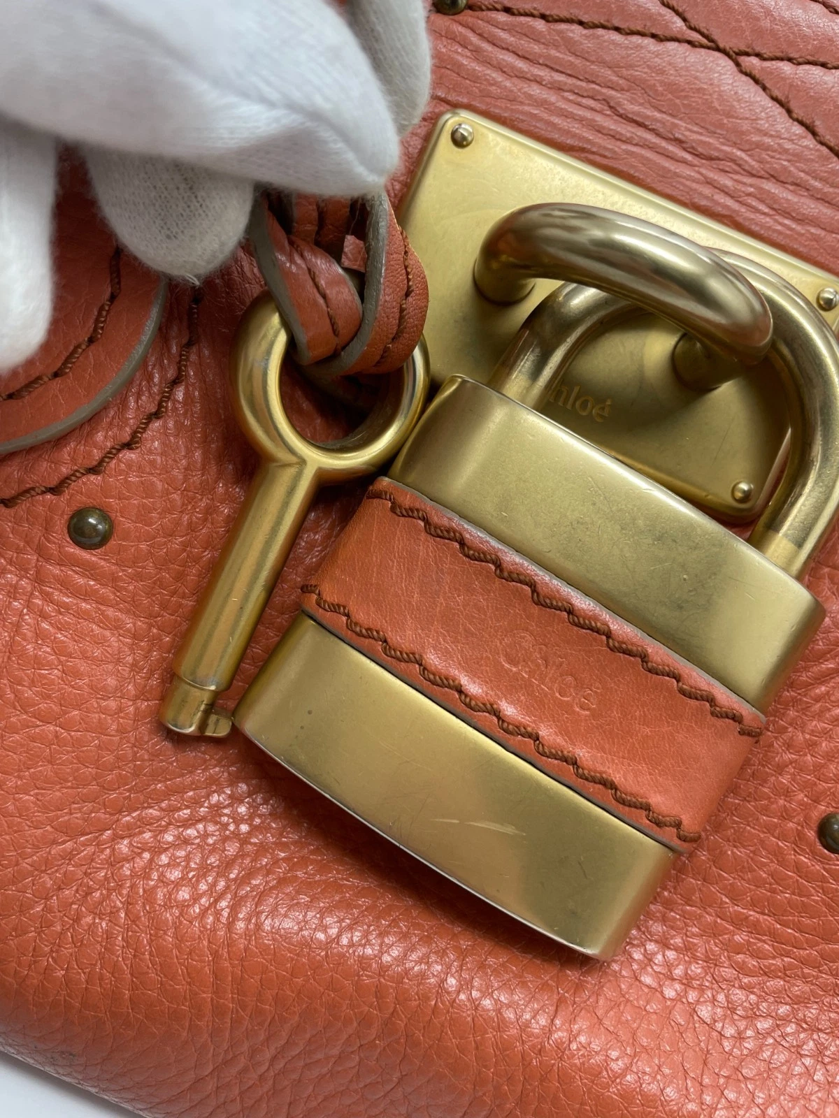 Chloe Paddington Handbag Shoulder Bag Red Orange Padlock Leather Key Auth 1219