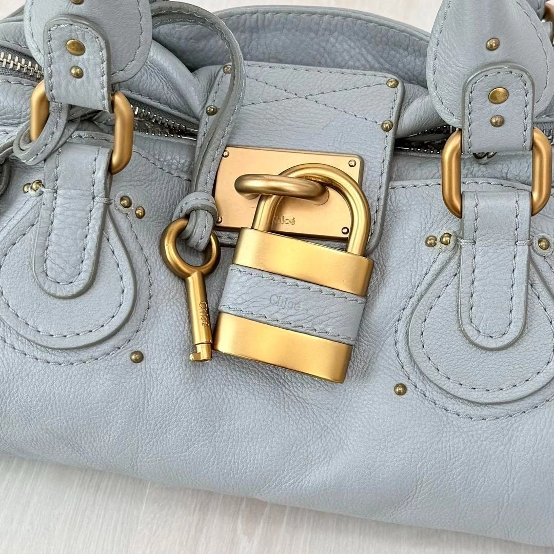 Chloe Paddington Handbag Tote Bag Leather Sky Blue Padlock Key Gold 0924