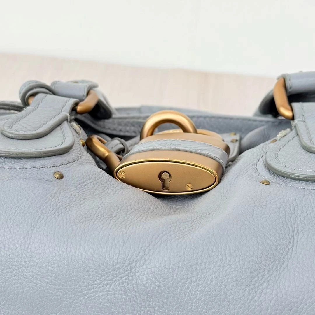 Chloe Paddington Handbag Tote Bag Leather Sky Blue Padlock Key Gold 0924