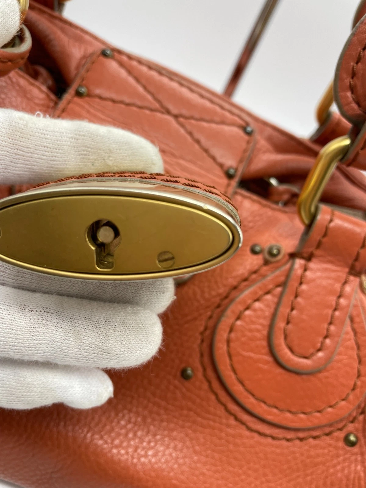 Chloe Paddington Handbag Shoulder Bag Red Orange Padlock Leather Key Auth 1219