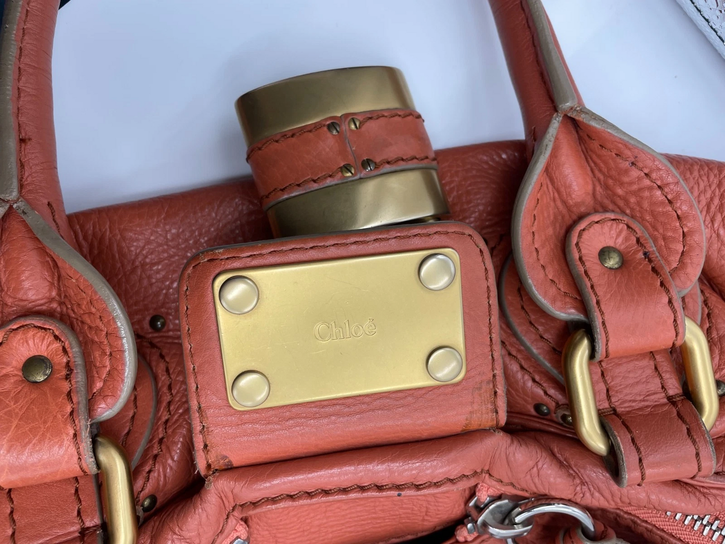 Chloe Paddington Handbag Shoulder Bag Red Orange Padlock Leather Key Auth 1219