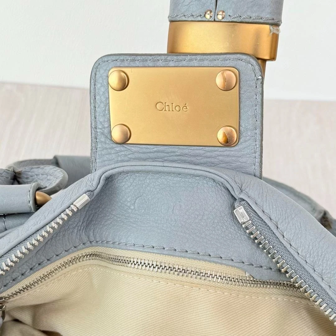 Chloe Paddington Handbag Tote Bag Leather Sky Blue Padlock Key Gold 0924