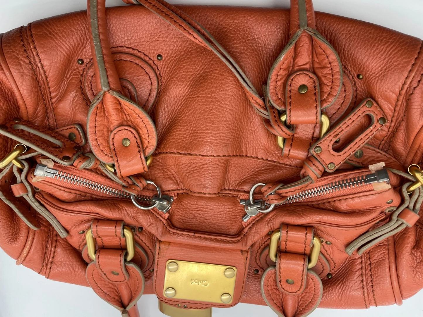 Chloe Paddington Handbag Shoulder Bag Red Orange Padlock Leather Key Auth 1219