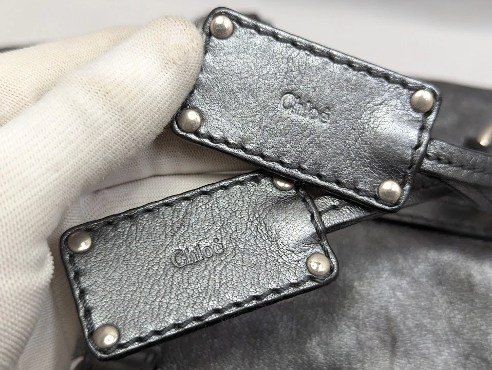 Chloe Paddington Leather Boston Bag Padlock Key Metal Gray Silver Authentic