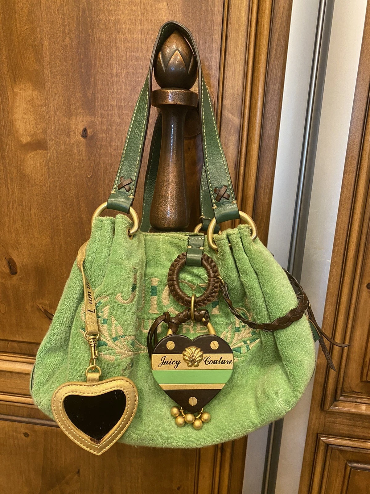 Vintage Juicy Couture Green and Brown Velour Shoulder Bag Purse Handbag Y2K