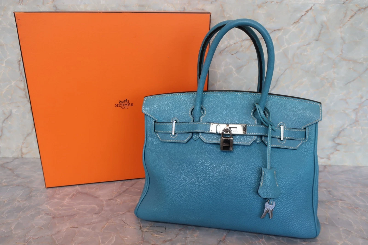 HERMES Birkin 30 Togo Handbag Blue Jean Square G (2003)