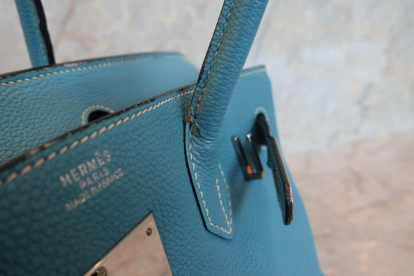 HERMES Birkin 30 Togo Handbag Blue Jean Square G (2003)