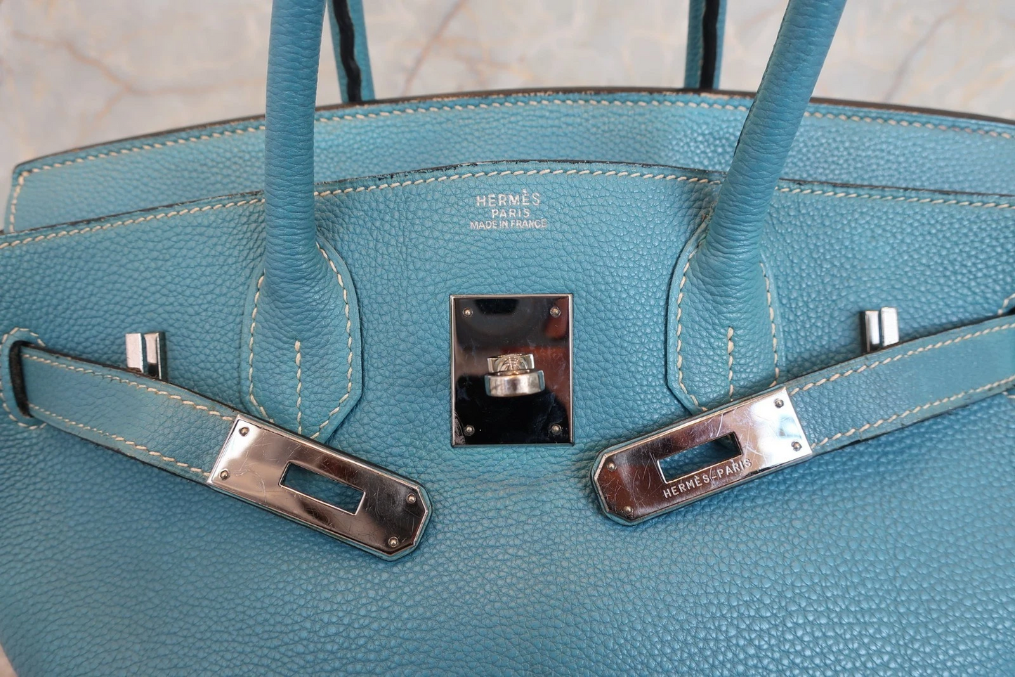 HERMES Birkin 30 Togo Handbag Blue Jean Square G (2003)