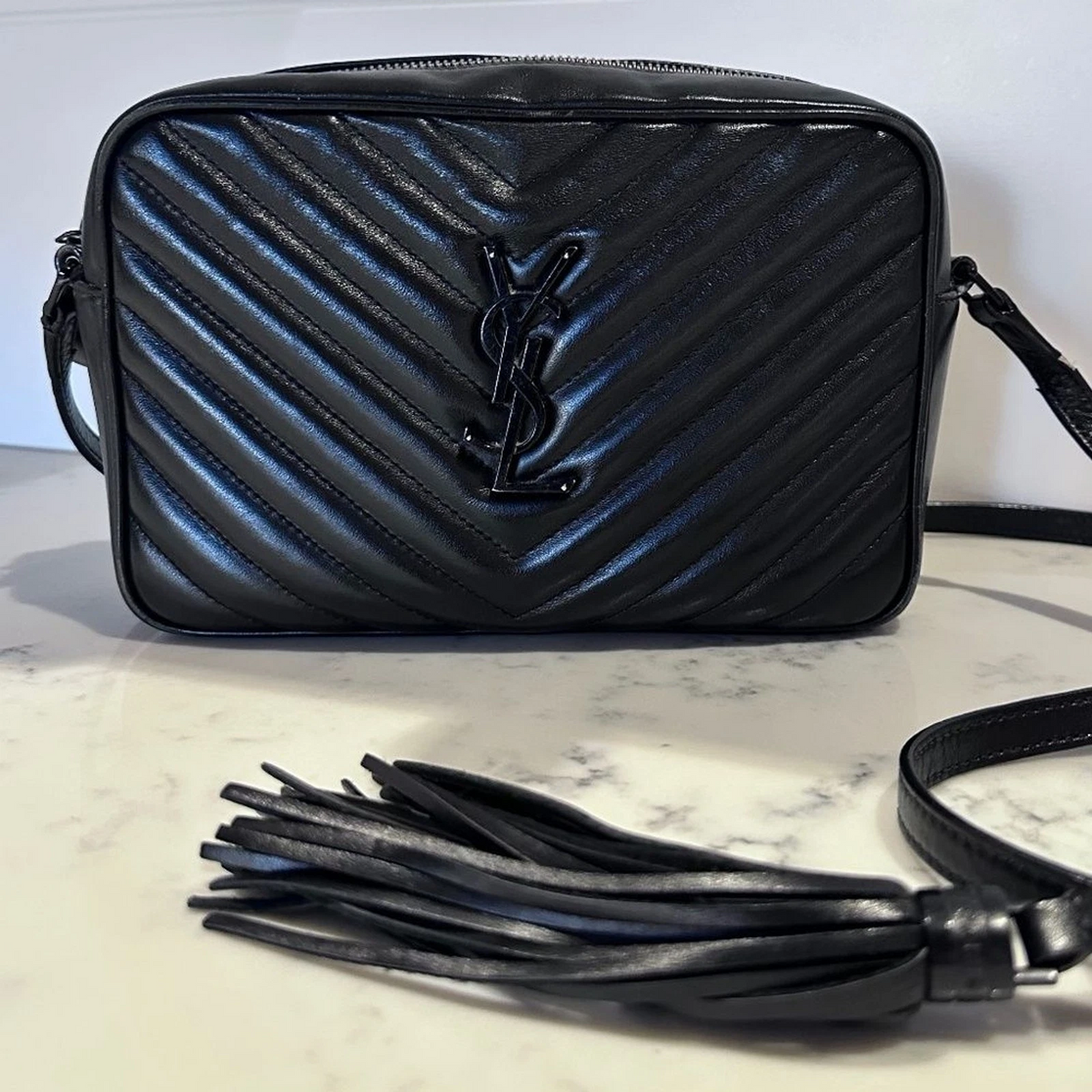 YSL YVES SAINT LAURENT Lou Black on Black Camera Bag w/ Tassle