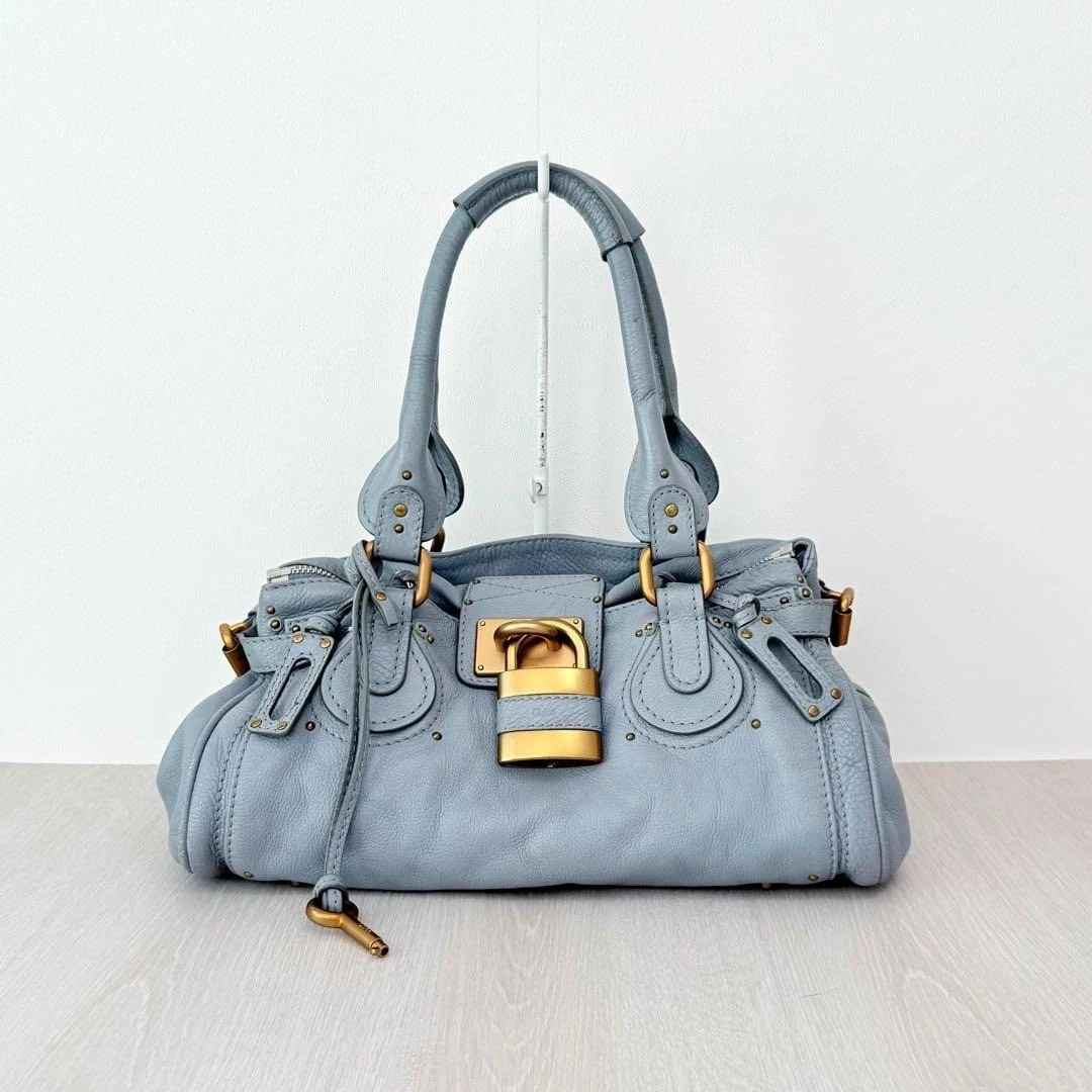 Chloe Paddington Handbag Tote Bag Leather Sky Blue Padlock Key Gold 0924