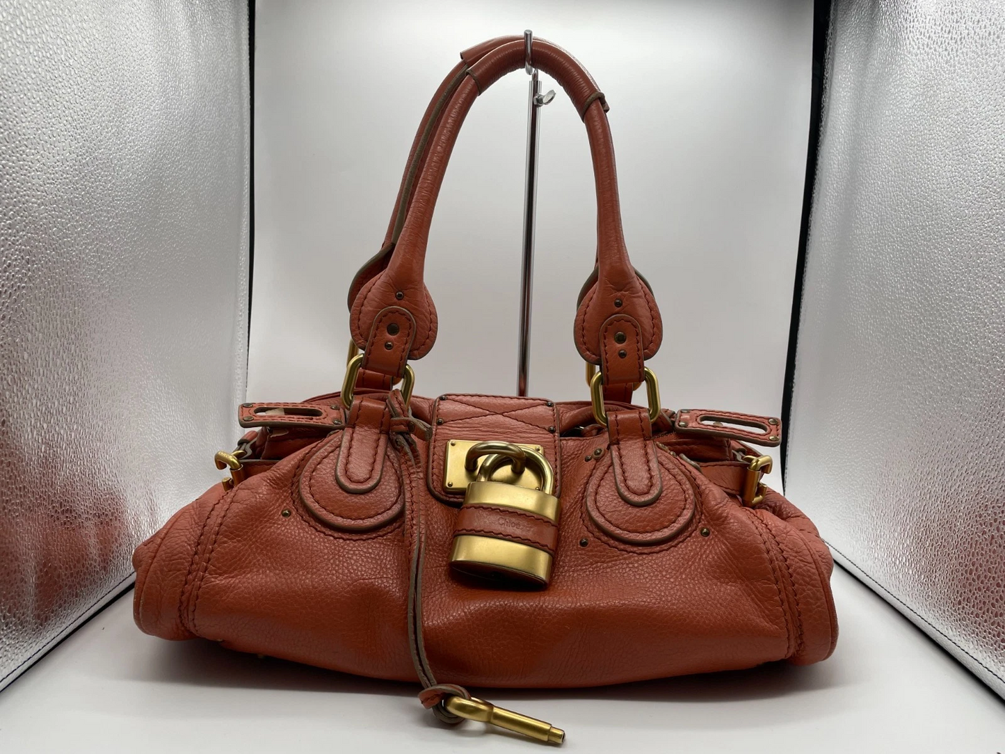 Chloe Paddington Handbag Shoulder Bag Red Orange Padlock Leather Key Auth 1219