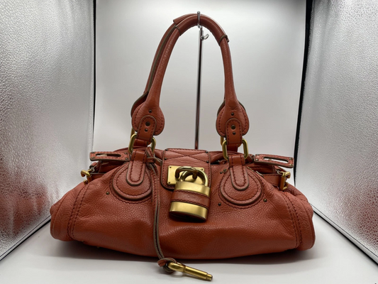 Chloe Paddington Handbag Shoulder Bag Red Orange Padlock Leather Key Auth 1219