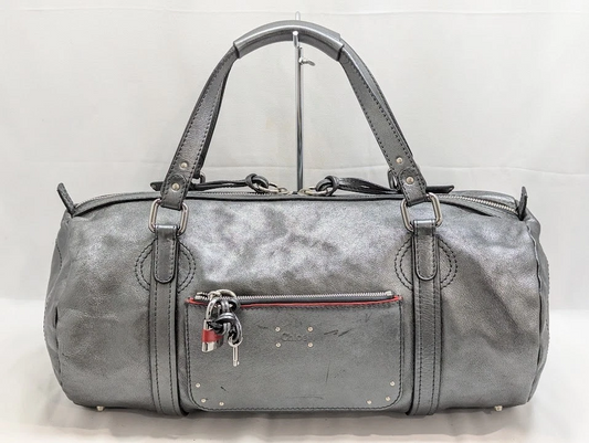 Chloe Paddington Leather Boston Bag Padlock Key Metal Gray Silver Authentic