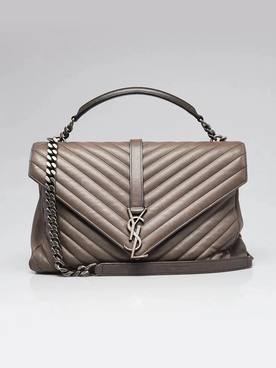 Yves Saint Laurent Grey Chevron Quilted Leather Monogram Large College Bag