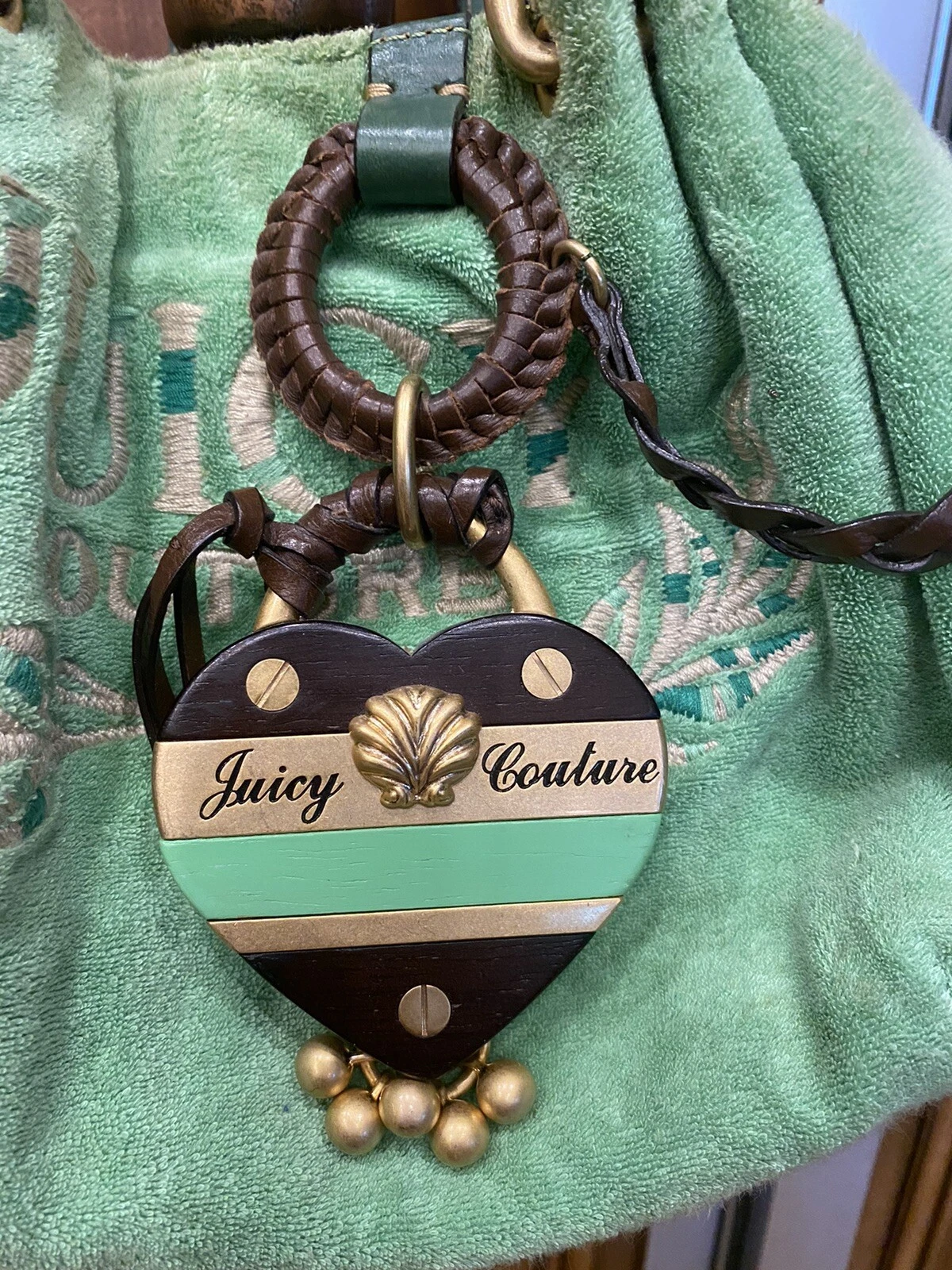 Vintage Juicy Couture Green and Brown Velour Shoulder Bag Purse Handbag Y2K