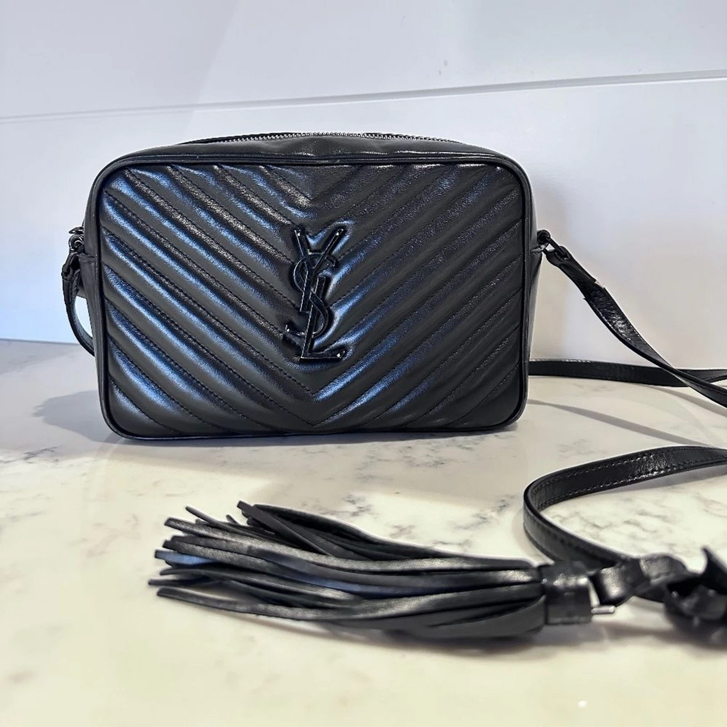 YSL YVES SAINT LAURENT Lou Black on Black Camera Bag w/ Tassle