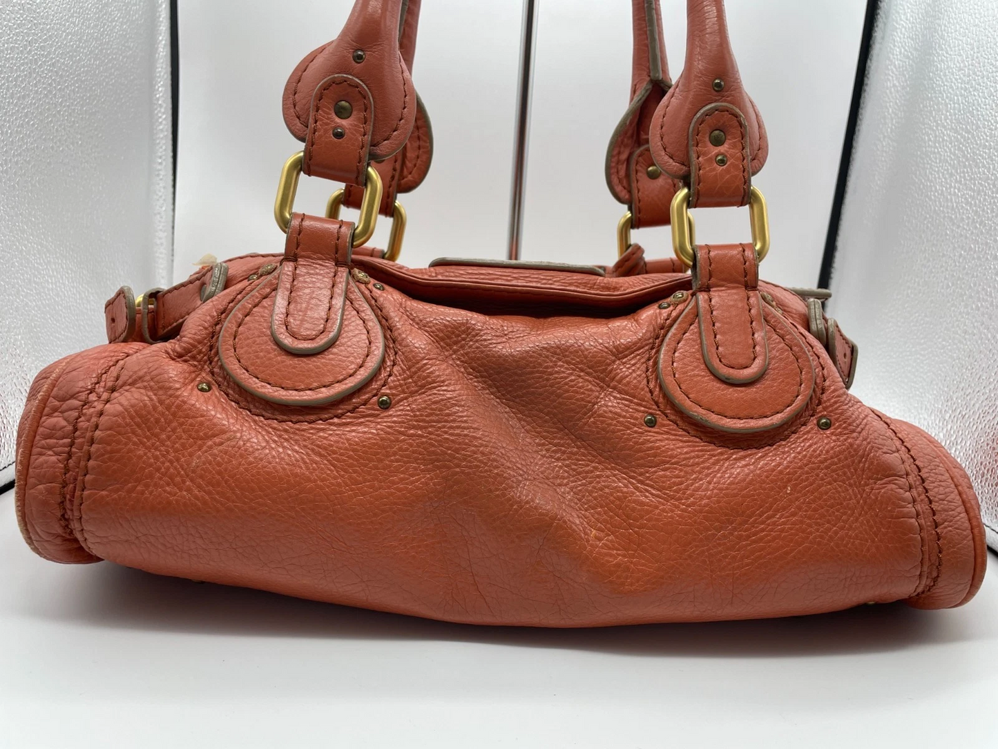 Chloe Paddington Handbag Shoulder Bag Red Orange Padlock Leather Key Auth 1219