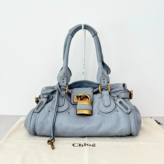Chloe Paddington Handbag Tote Bag Leather Sky Blue Padlock Key Gold 0924