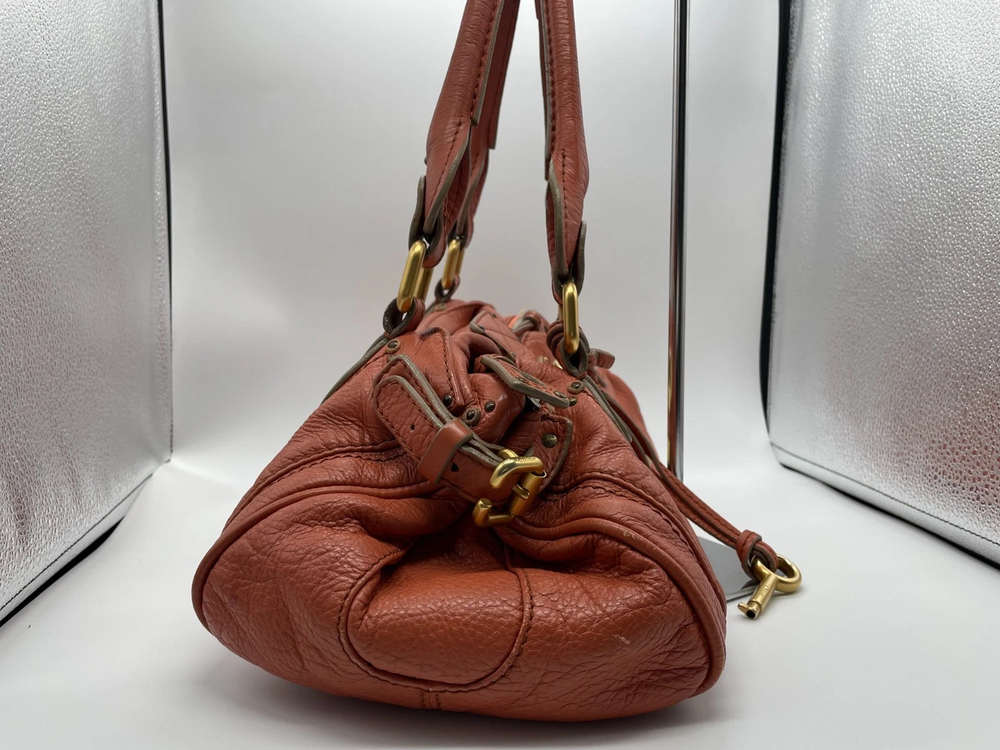 Chloe Paddington Handbag Shoulder Bag Red Orange Padlock Leather Key Auth 1219