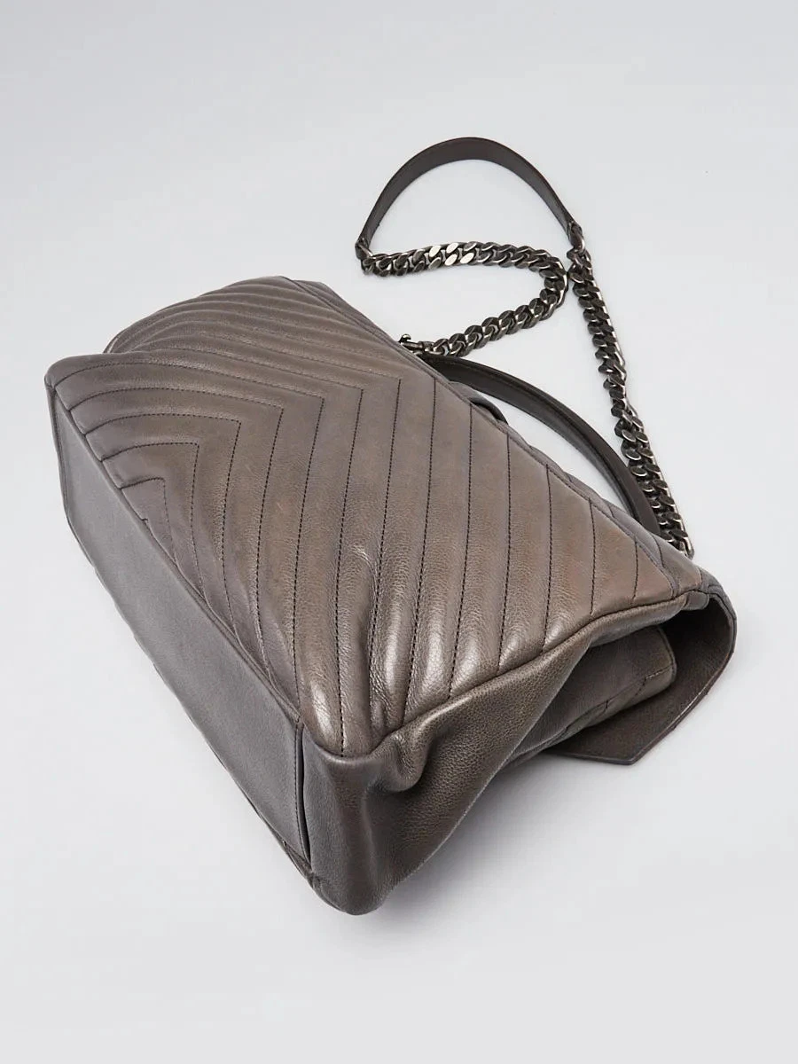 Yves Saint Laurent Grey Chevron Quilted Leather Monogram Large College Bag