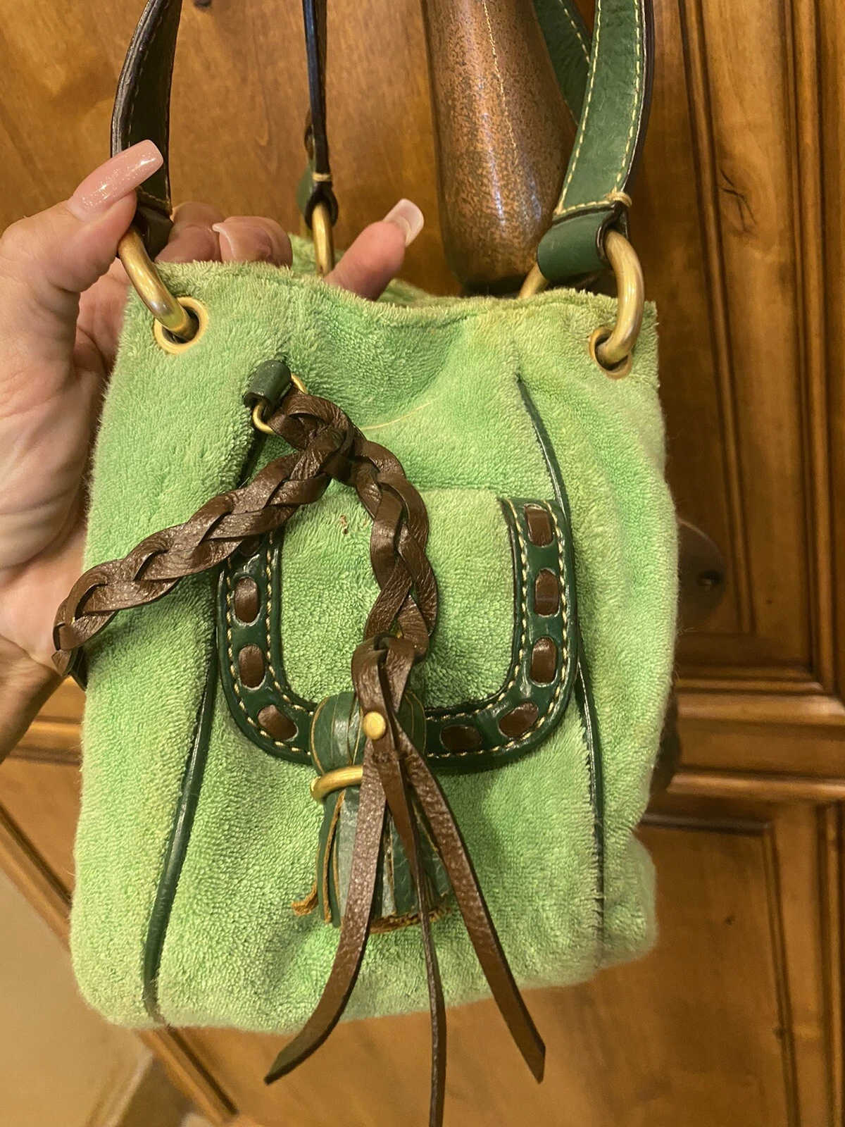 Vintage Juicy Couture Green and Brown Velour Shoulder Bag Purse Handbag Y2K